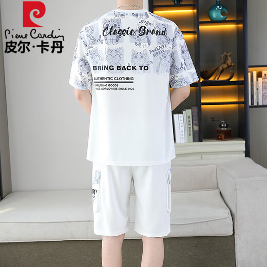 Pierre cardin 2025 summer new short-sleeved suit men's youth versatile shorts casual sports two-piece set gradient color men's clothing 6187 gray XL [suitable for 120-140Jin [Jin equals 0.5 kg]]