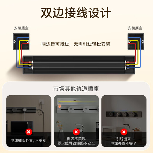 NVC雷士电工明装轨道插座 可移动壁挂式插座免开槽带灯环 50厘米+五孔*3 黑色