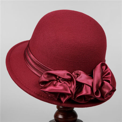 Xi Shengduo middle-aged and elderly women's winter warm fisherman hat mother autumn and winter versatile flower hat British fashion woolen basin hat burgundy one size