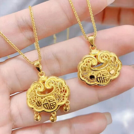 VZZS gold store same style safe lock melon seed buckle gold lock pendant sand gold necklace blessing word gold lock clavicle chain fake gold necklace Chopin chain melon seed buckle middle lock free counter gift box