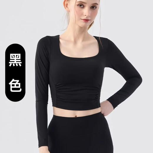 Chengsheng Xutong New Square Neck Nude Yoga Wear Women's Sports Long Sleeve Pilates Training Fitness T-Shirt Top Autumn Black S