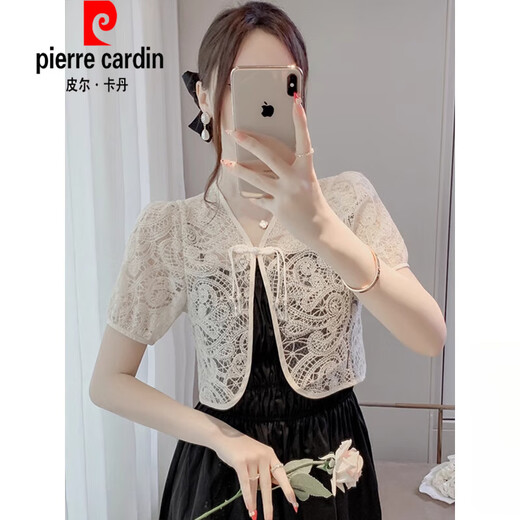Pierre cardin lace shawl 2025 new women's outer sun protection cardigan summer thin style texture short jacket pin 3890 apricot XL