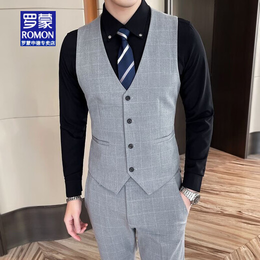 罗蒙（ROMON）西装马甲坎肩韩版修身西服马甲套装背心伴郎团兄弟装男式西服马夹 1908黑色《马甲＋西裤》领带 XL 126-135斤