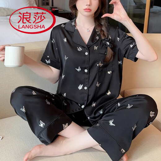 
LangSha pajamas for women in summer thin cool ice silk short-sleeved trousers ins wind high-value butterfly printed home clothing set YFY-9905 [short-sleeved trousers] M [recommended 80-100 Jin [Jin equals 0.5 kg]]