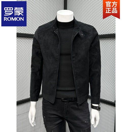 ROMON suede leather jacket men's plus velvet spring, autumn and winter handsome stand-up collar slim fit thickened casual pu leather jacket black M
