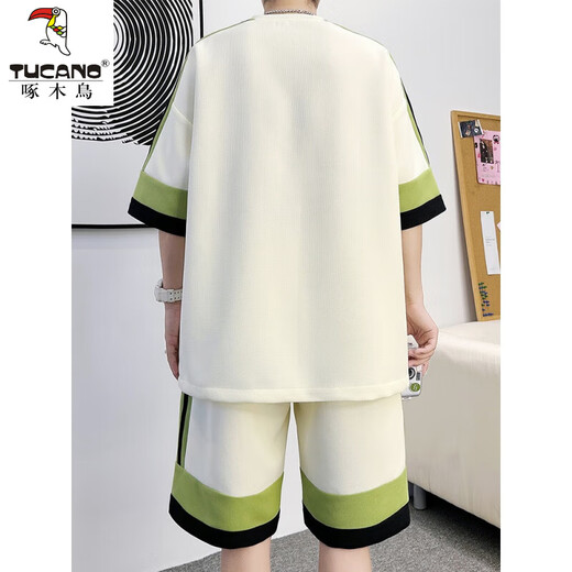 Woodpecker (Tucano) Freizeitanzug Herren Sommer Trendy Ice Seide Sport kurzärmelige Shorts Herrenanzug ein Set mit gutaussehenden Teenagern-Kleidern 10909-dt681 m weißer Anzug L 175 (Empfohlen 120 ~ 145jin [Jin gleich 0,5 kg]))