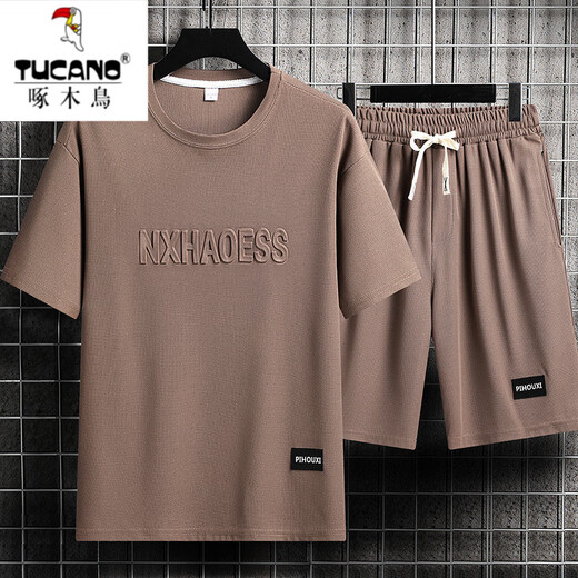 啄木鸟（TUCANO）男士夏季套装青少年短袖t恤薄款冰丝两件套休闲运动服五分短裤子 套装-TZ829卡其上衣+裤子 XL 建议130-145斤