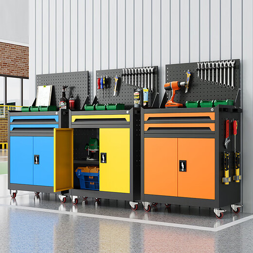 Factory direct sales Tool cart workshop lockable iron cabinet hardware parts cabinet factory mobile material storage cabinet three draw belt net gray blue color