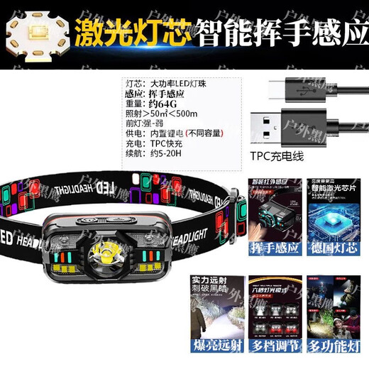夜钓钓鱼LED感应头灯超长续航强光爆亮远射充电头戴式矿工头灯 【顶配款】9900K高亮+待机15天