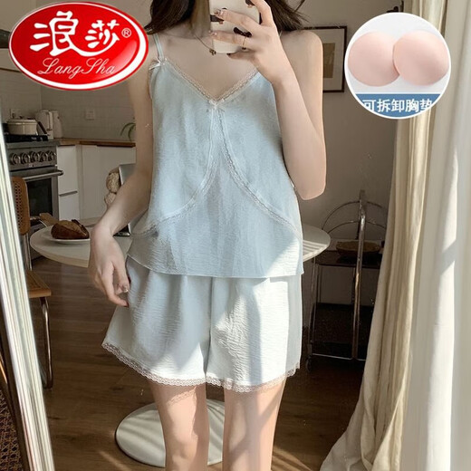 浪莎夏季新款网红爆款睡衣夏天女带胸垫蕾丝花边蝴蝶结吊带短裤家居服 带胸垫967杏色 M80-100斤 均码