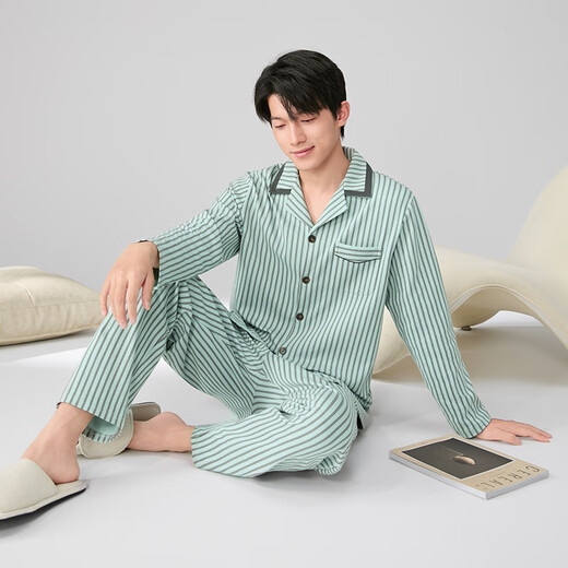 Fenton Pajamas Couple Category A+7A Antibacterial 2025 Autumn New 100% Cotton Striped Cardigan Lounge Wear Set Gray Green-Men's L