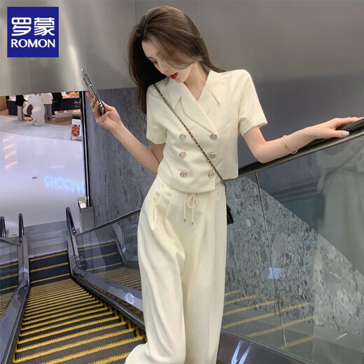 罗蒙（ROMON）小香风套装女夏季2025新款盐系轻熟高级感减龄气质简约休闲两件套 杏色长裤 L