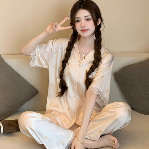 Pajama de seda de hielo transfronterizo antártico para mujeres Lindo estilo Bear Summer NUEVO ALIMO ALIMO CAREATE Pantalones de manga corta Conjunto de ropa para el hogar YFY9905# M 170 [sugerido 80-100Jin [Jin iguala 0.5 kg]]]