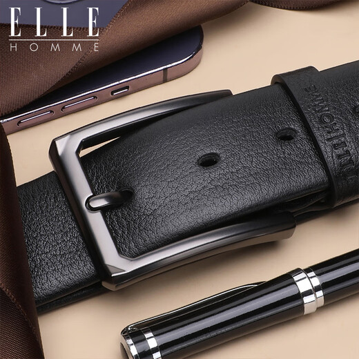 Elle Homme Men's Belt, Top Layer Cow Hide Pin Boucle de boucle, ceinture décontractée à la mode, cadeau d'anniversaire noir 3615 pour hommes