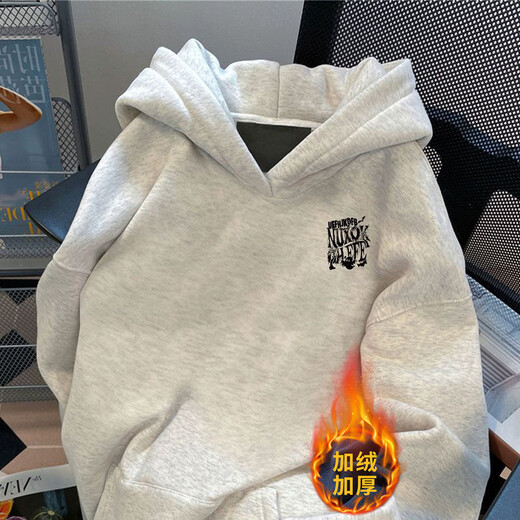 Qumile American Heavyweight Velvet Thickened Sweater Men's Autumn and Winter Loose Warm Trendy High Street Hoodie Top Clothes Jacket White Gray Velvet XL