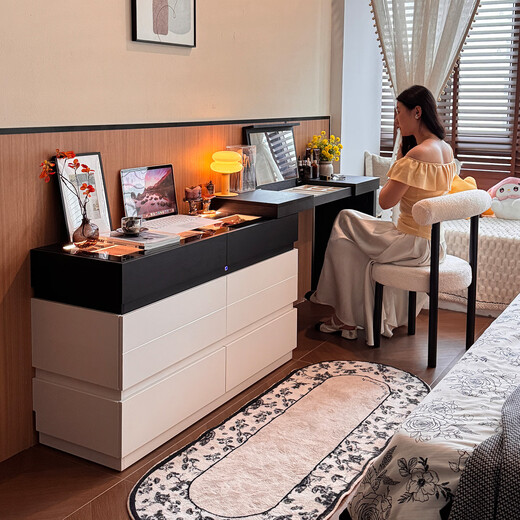 E home charm Italian light luxury flip dresser and drawer integrated bedroom bedside cabinet modern simple storage bedside cabinet dresser flip-up hidden mirror + touch sensor light warm white bull socket + concealed lock 1.2m dresser + 1.2m six drawer cabinet + makeup chair