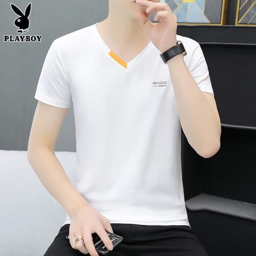 花花公子（PLAYBOY）夏季新款男士纯棉V领半袖T恤潮流休闲小字母印花鸡心领短袖体恤衫 691 白色 M 90-100斤