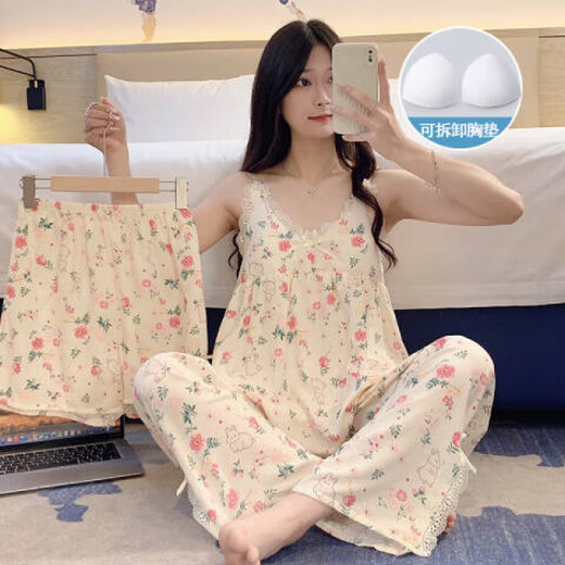 桑琴带胸垫睡衣女款夏季吊带蕾丝长裤三件套装夏天少女甜美可爱家居服 SSM-897三件套【可拆卸胸垫】 M 【75-100斤】
