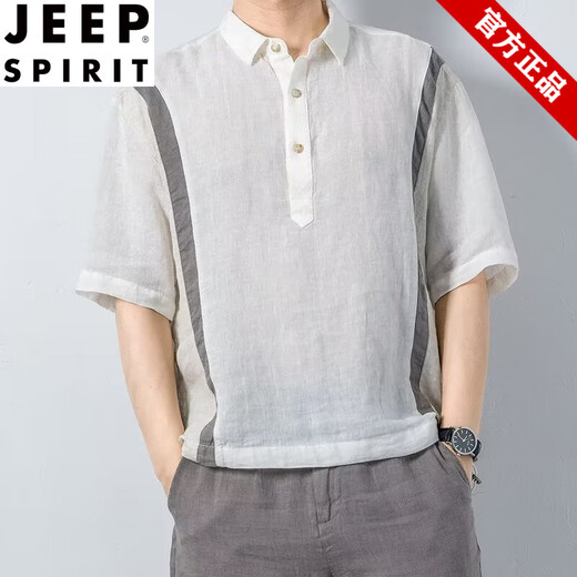 JEEP SPIRIT男士夏季休闲翻领纽扣POLO衫短袖五分中袖T恤男咖色撞色潮流上衣 693黑色 M 建议100-120斤