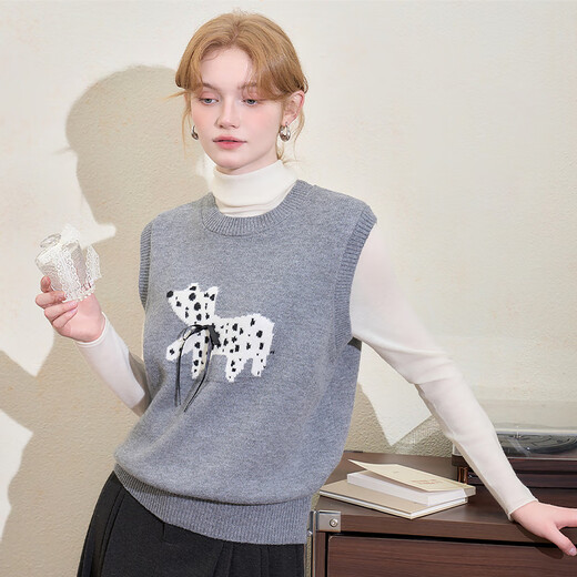 Westlink Westlink cute polka dot puppy knitted vest for women winter new versatile round neck pullover loose sweater gray M