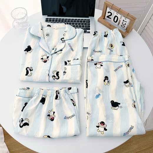 
Jingpufei striped penguin short-sleeved pajamas for women cute cartoon cotton three-piece set home clothes Yunduo Cotton-J9901# Paradise Puppy Three-piece Set M [Suggestion 75-100Jin [Jin equals 0.5 kg]]
