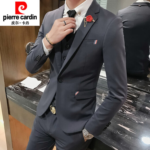Pierre Cardin groom and groomsmen wedding suit Korean style small suit slim and trendy three-piece men's business casual formal suit New* black suit + double-breasted vest + trousers S