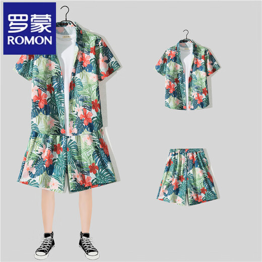 ROMON short-sleeved floral shirt men's summer new shirt shorts Hawaiian style beach wear couple thin trendy suit 5155 suit M