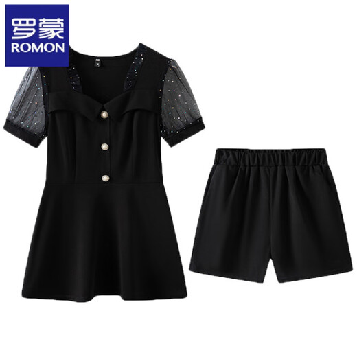 Romon modische Spleiß-Chiffon-Anzug für Frauen im Sommer Neuen Stil, Taille-Hugging und Slimming Kurzärärmelte Top + Shorts zweiteilige Bildfarbe L.