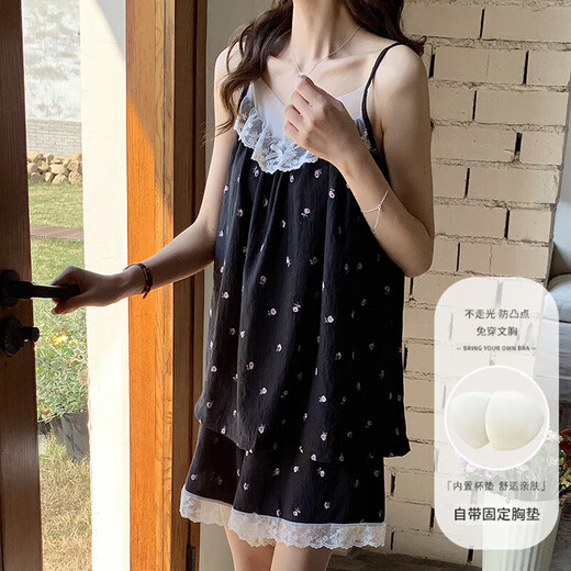 带胸垫睡衣女云朵棉夏季新款甜美花边性感吊带短裤2025年两件套 834#小花朵 XL