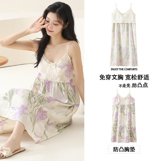 Victoria style suspender nightgown with breast pads for women, sexy summer sleeveless thin sweet and cute pajamas, summer mid-length skirt that can be worn outside V-6624 with breast pads L