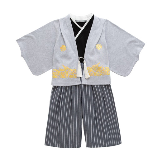 Oxymo Japan Japanese style children's kimono suit for boys and girls, spring and autumn long-sleeved jacket, vest and pants, Japanese performance costume, black jacket + white vest + dark gray pants 90 recommended for 3-4 years old