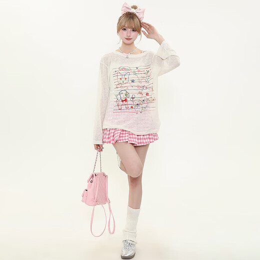 2025年甜美风线条猫咪狗狗印花长袖T恤女春夏微透感宽松防晒罩衫 杏色-锦鲤B114 L