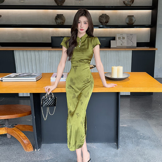 Yiou New Chinese Satin Butterfly Robe for Women, Summer Small Butterfly Modified Cheongsam Long jupe 9922 Purple S