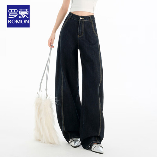Lomon [rétro lâche] Jeans pour femmes en été américain polyvalent Scimitar à jambes larges de pantalon droit de denim Color m