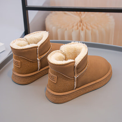 Children's snow boots winter non-slip girls' cotton shoes thickened new 2025 warm shoes plus velvet cold-resistant boys' boots camel color 36 yards/22.0cm