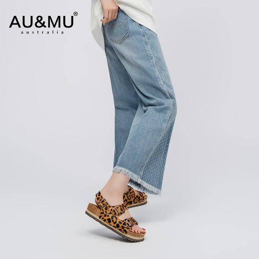 AU&MU2025夏季新款牛仔裤潮流水钻显瘦休闲女裤直筒宽松慵懒风阔腿裤 蓝色 2XL