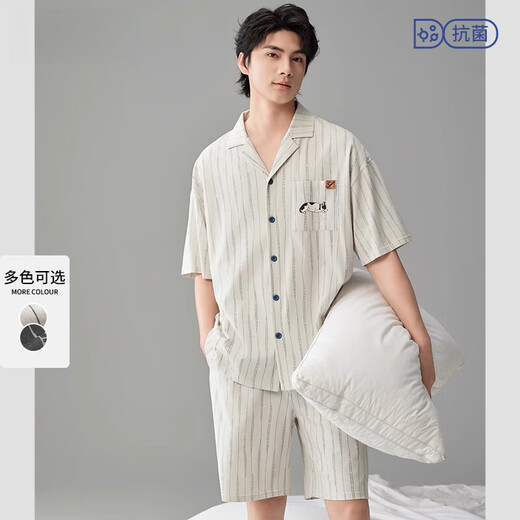 雅鹿睡衣男夏季凉感棉短袖卡通可外穿男士薄款夏天大码家居服 1391杏色 L