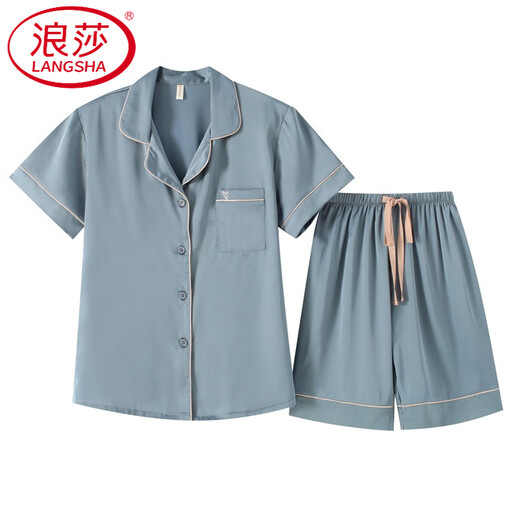浪莎（LangSha）轻奢短袖短裤睡衣女式冰感新款夏天色真丝绸套装薄款休闲家居服 3899豆沙色 M (体重85到99)