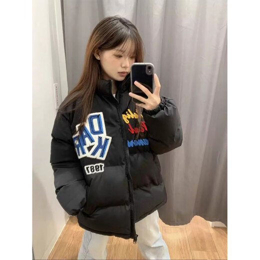 Luosenchi (LUOSENCHI) winter down jacket for men and women, national fashion, American trend, embroidered letters, loose, fashionable, thickened and warm bread coat, black main picture embroidered style, thickened and warm, non-slip cotton S