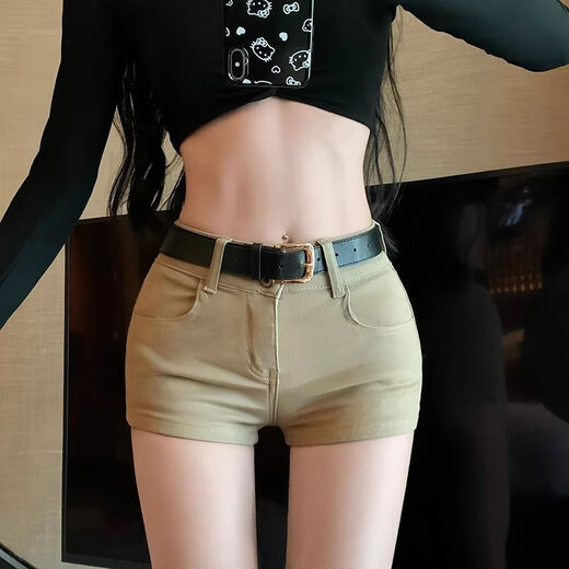 Zhenxiqi's new high-waist elastic tight-fitting butt-hugging shorts for women in summer, slim and versatile, micro-flared casual hot pants, trendy, light khaki, XL, one size too small