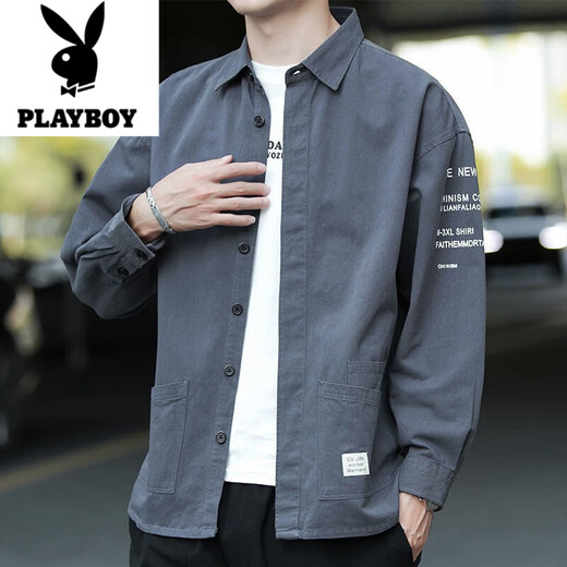 花花公子（PLAYBOY）2025春秋季男士工装长袖衬衫休闲潮流宽松免烫衬衣外套 长.袖9922款(深灰色) XL