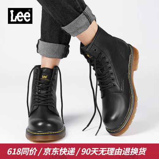 Lee【头层牛皮】马丁靴男高帮真皮靴子英伦风韩版皮靴黑色大码时装靴 黑色四季款 L214UE029 41 【偏大/请拍小一码】