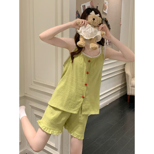 莫代尔云朵棉睡衣女款夏季带胸垫性感吊带套装时尚女士家居服可外穿 9226绿 M (80-100斤)