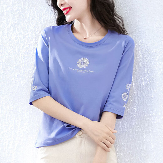 Philoman Pure Cotton 70-Viertel-Hülle-T-Shirt für Frauen 2025 Neue Frühlings- und Herbst-Pure-Baumwolle 70-viertel-Hülse-T-Shirt für Frauen mit mittlerer Ärmeln losen Design Blau 1xS328 Weiß + W6172 ICE Blue M (Empfohlen 80-105jin [Jin gleichen 0,5 kg]) Uniform Größe