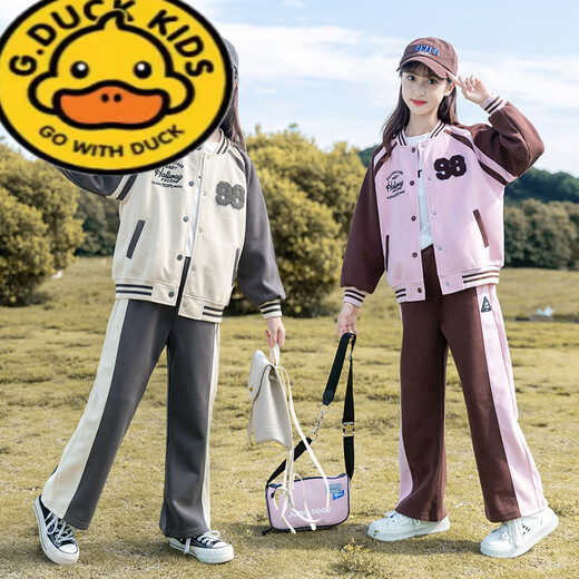 G.DuckKids Girls Plus enlefée Fleece épaissie d'automne et d'hiver 2025 Élèves du collège Costume de baseball en deux pièces de vêtements de sport de mode féminine 1396 Spring et automne noir 150