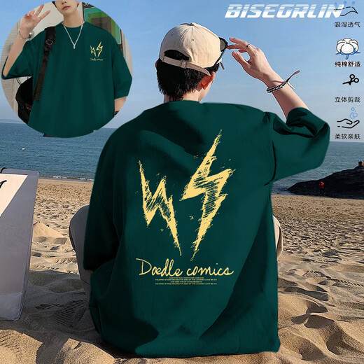 
BISEGRLIN trendy brand trendy printed short-sleeved T-shirt men's summer new loose round neck base shirt couple top dark green - K1049 front and rear pictures L