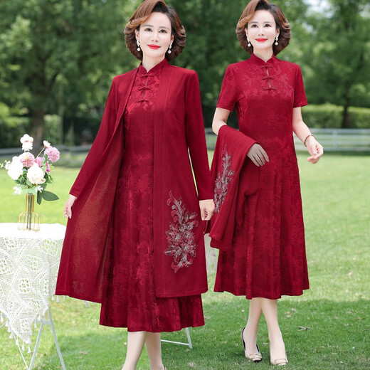 酷章（KUZHANG）喜婆婆婚宴套装妈妈春夏秋连衣裙高贵旗袍裙子新款结婚礼服两件套 9277枣红 两件套连衣裙 M 80-95斤