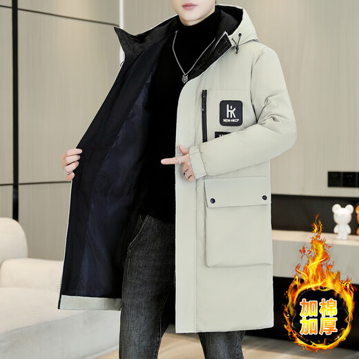 Men's mid-length cotton coat, new winter thickened and velvet down cotton coat, warm cotton jacket, winter trendy 10612-F190 beige gray 2XL about 145-160Jin Jin equals 0.5kg can be worn