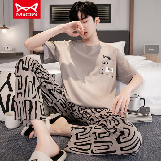 Catman Miiow Cotton Pyon Pajamas Men's Men's Summer Classed Colted Coton Cotton Coton Coton de grande taille de Vêtements de maison YS9201 XL Convient pour 120-140jin [Jin est égal à 0,5 kg]