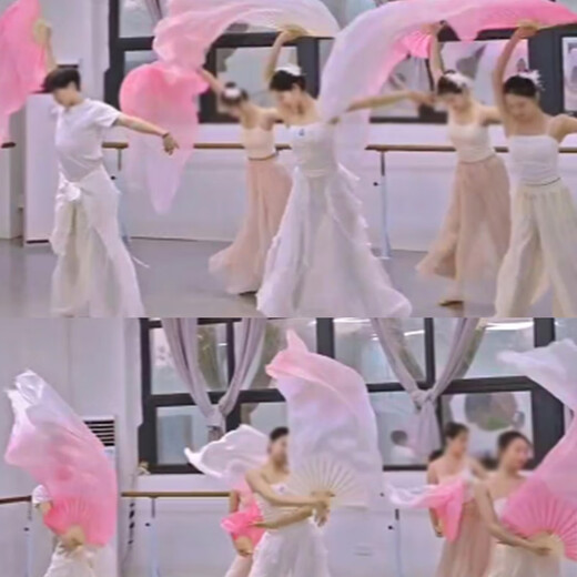 Suican imitation silk long dance fan transformed into a whale on an isolated island classical dance ethnic dance cos light pink gradient long silk fan 1 31cm fan bone total length 1.5 meters right hand fan